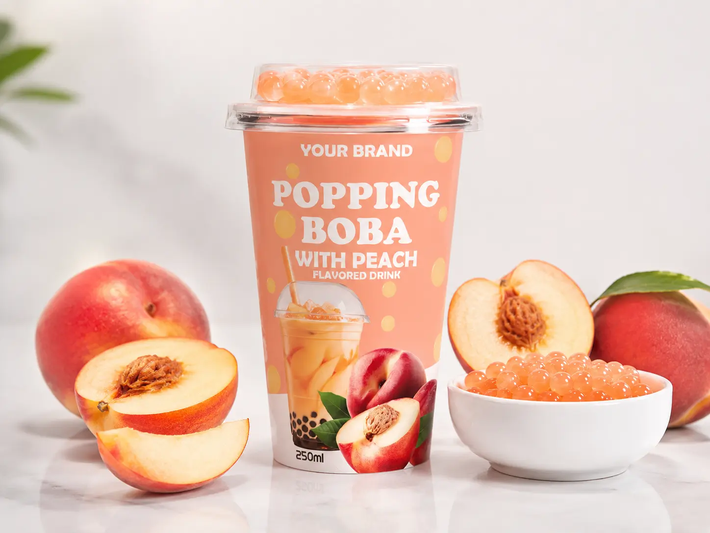 BUBBLE TEA peach popping boba flavored drink in a 250ml cup.